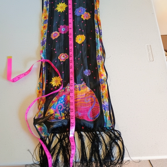 Laurel Burch Fringed Silk Scarf, Black/Bright Multi with Humorous Cat Designs - Picture 8 of 10